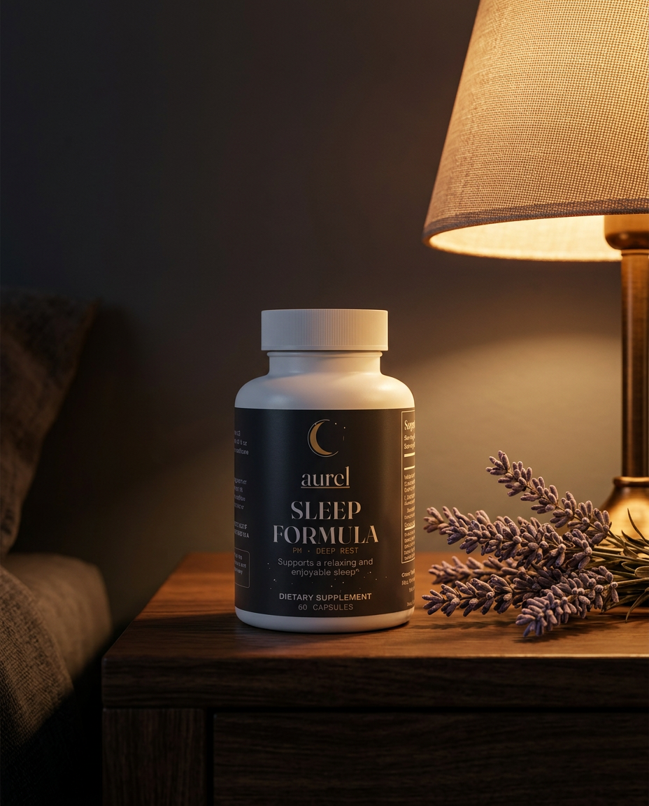 Aurel Sleep Formula on a nightstand